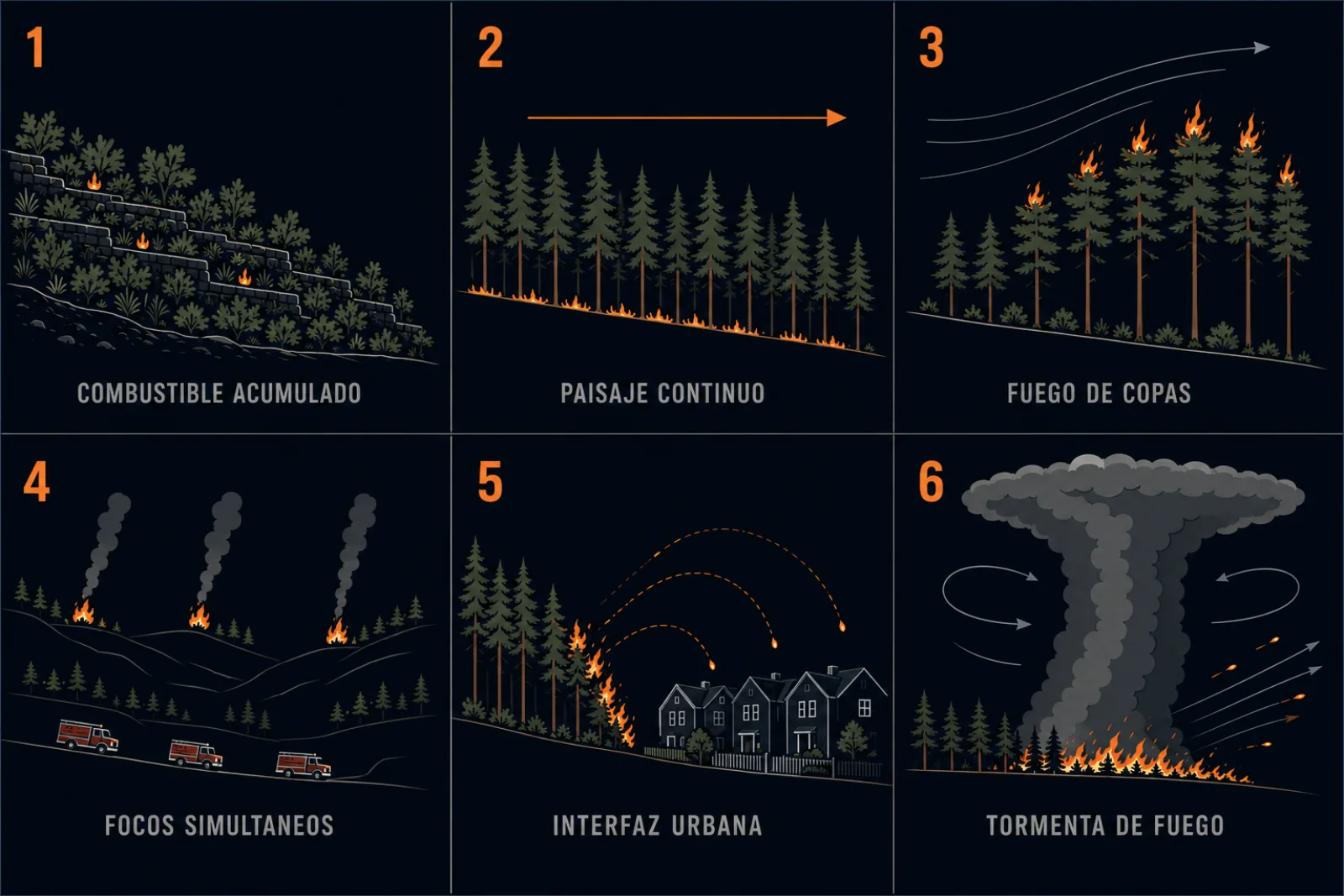 Infografía con las seis generaciones de incendios forestales: combustible acumulado, paisaje continuo, fuego de copas, focos simultáneos, interfaz urbana y tormenta de fuego.
